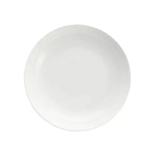 Round white coupe plate with smooth rim from a 16-piece dinnerware set