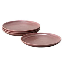 Rose pink dinner plate stack, round ceramic with smooth raised rim and speckled finish