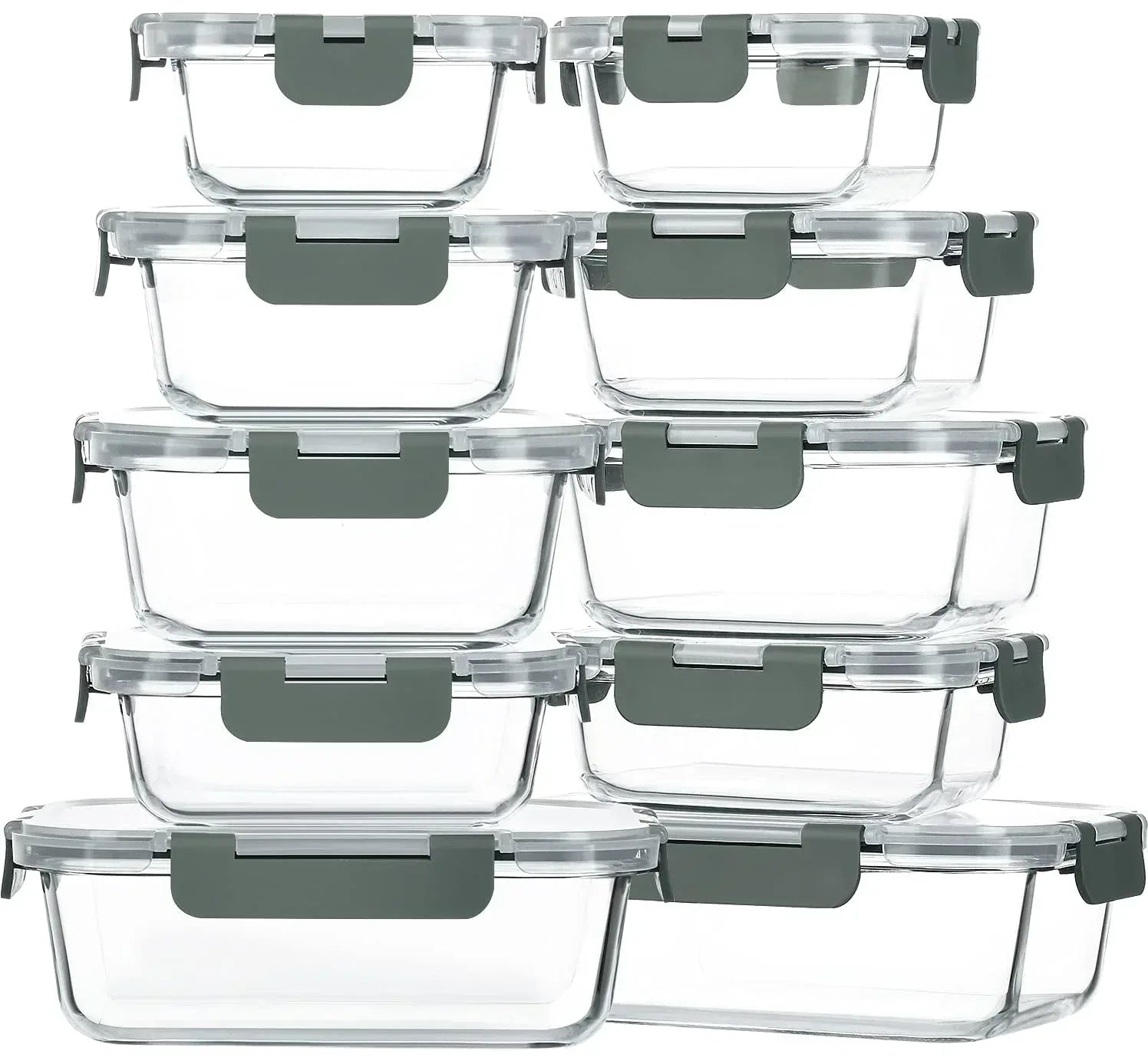 2Pack 1860ml/ 63oz Large Glass Storage Containers with Lids, Meal Prep Food Container Set with Snap Airtight Lid for Baking, Microwave, Oven, Leak Proof, for Freezer, Dishwasher, Grey