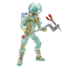 Mint green armored action figure holding a white and red sci-fi pickaxe