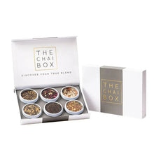 Chai sampler set gift box with six cups of loose leaf tea blends