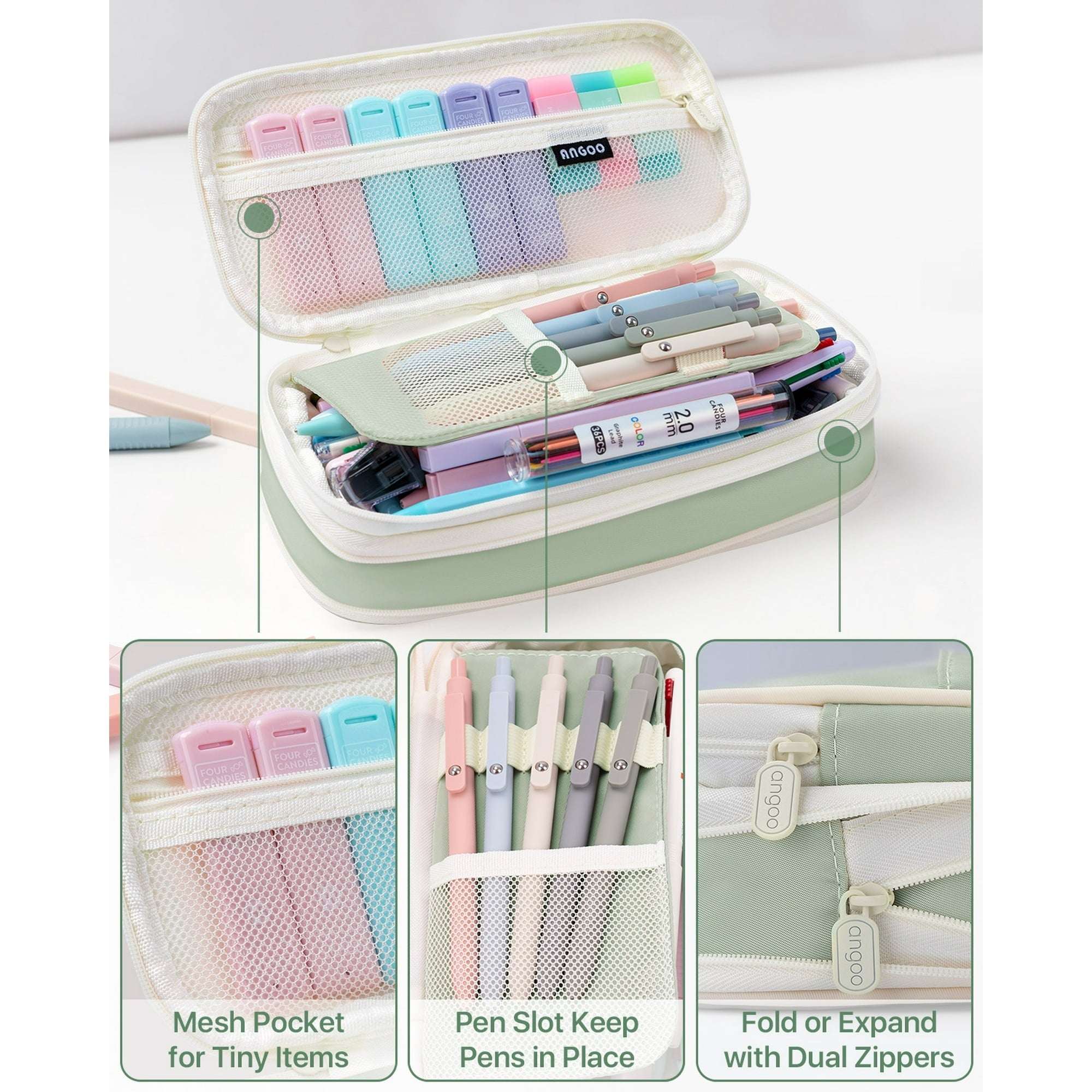Four Candies 56 PCS Aesthetic Supplies with Pencil Case, 6 Multicolor Pen, 12 Pastel Highlighters, 5 Gel Pens Black Ink, 9 Mechanical Pencils for Stationary Set Preppy Stuff