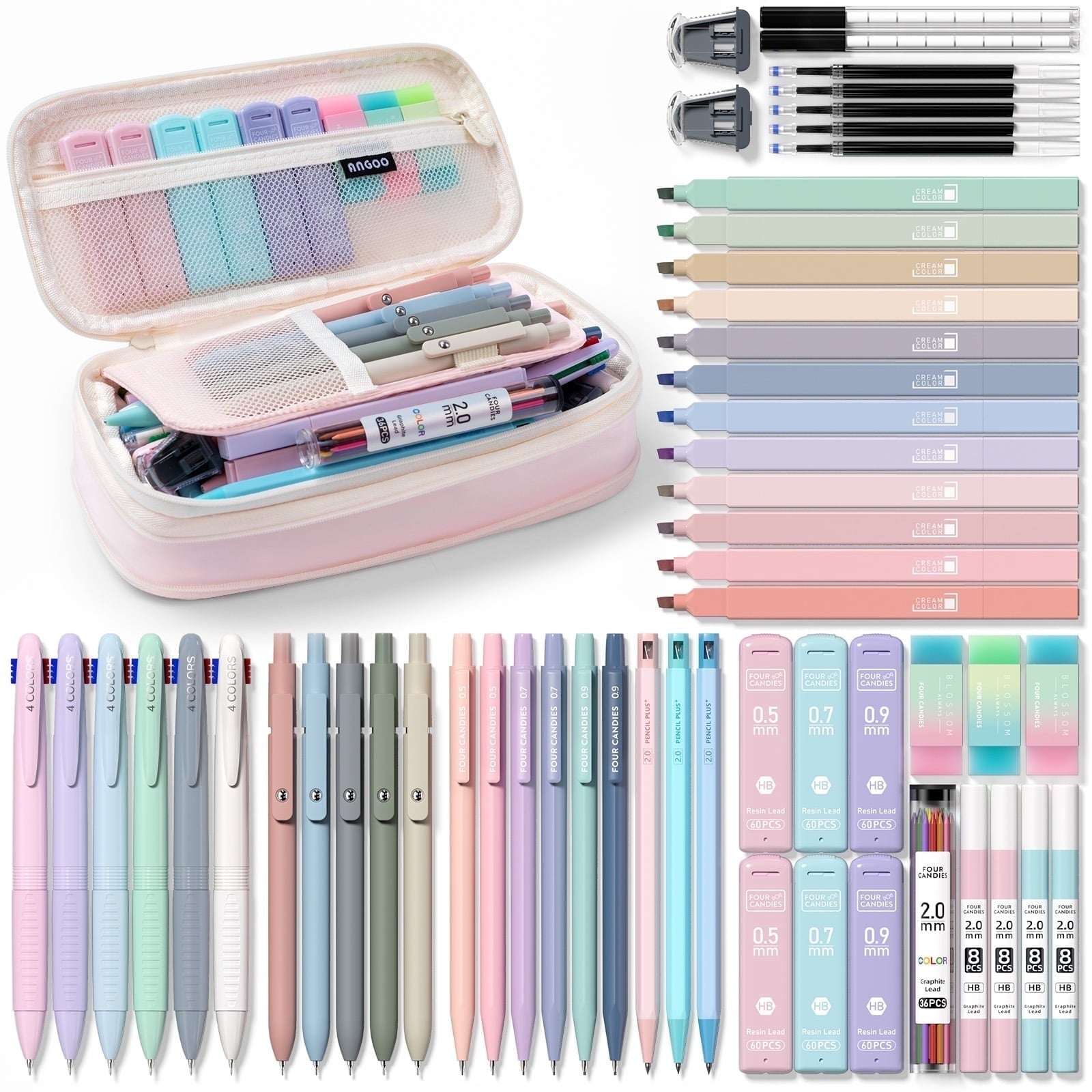 Four Candies 56 PCS Aesthetic Supplies with Pencil Case, 6 Multicolor Pen, 12 Pastel Highlighters, 5 Gel Pens Black Ink, 9 Mechanical Pencils for Stationary Set Preppy Stuff