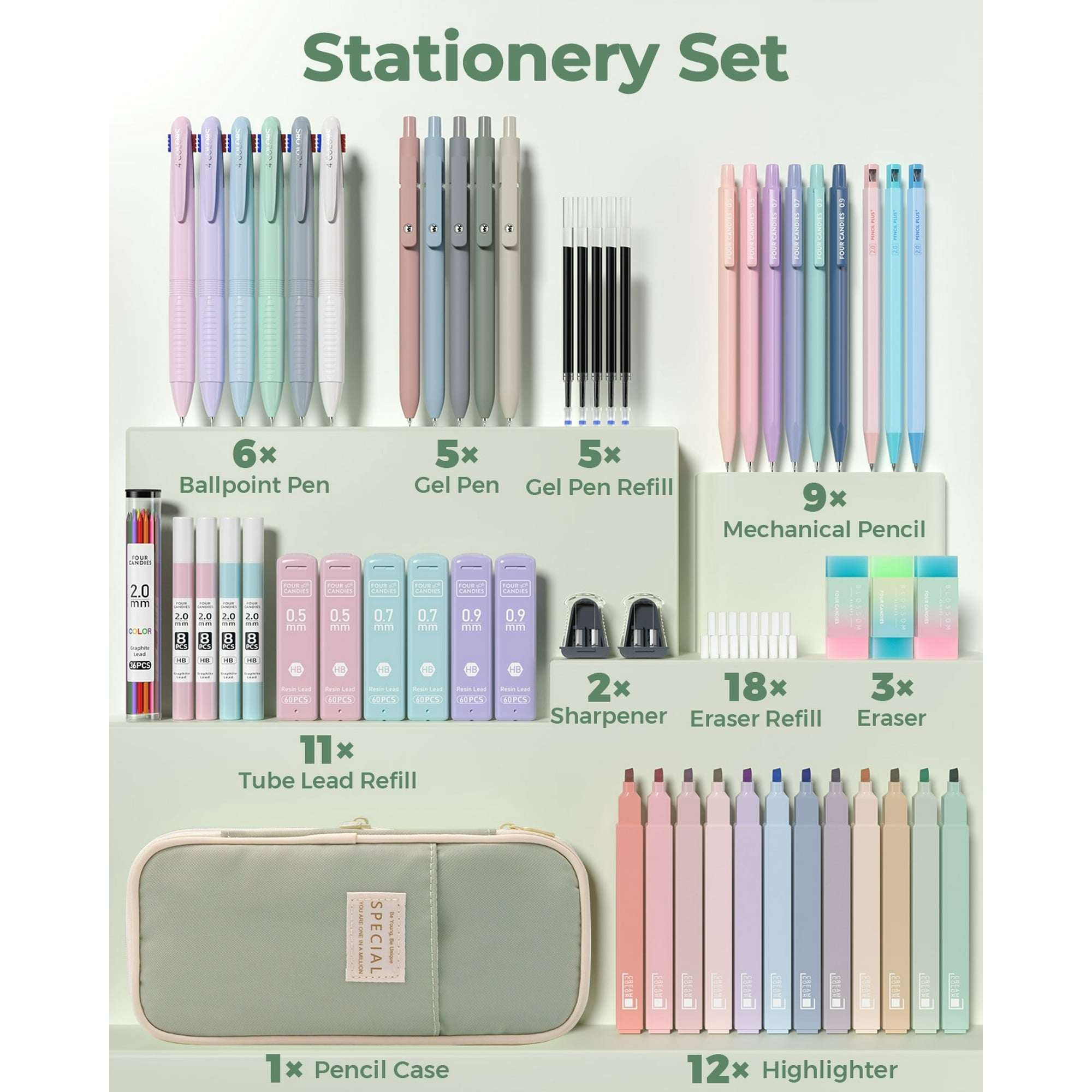 Four Candies 56 PCS Aesthetic Supplies with Pencil Case, 6 Multicolor Pen, 12 Pastel Highlighters, 5 Gel Pens Black Ink, 9 Mechanical Pencils for Stationary Set Preppy Stuff