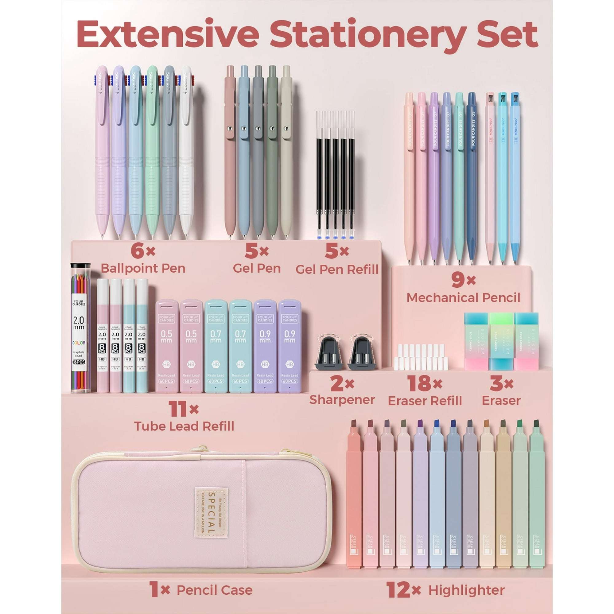 Four Candies 56 PCS Aesthetic Supplies with Pencil Case, 6 Multicolor Pen, 12 Pastel Highlighters, 5 Gel Pens Black Ink, 9 Mechanical Pencils for Stationary Set Preppy Stuff