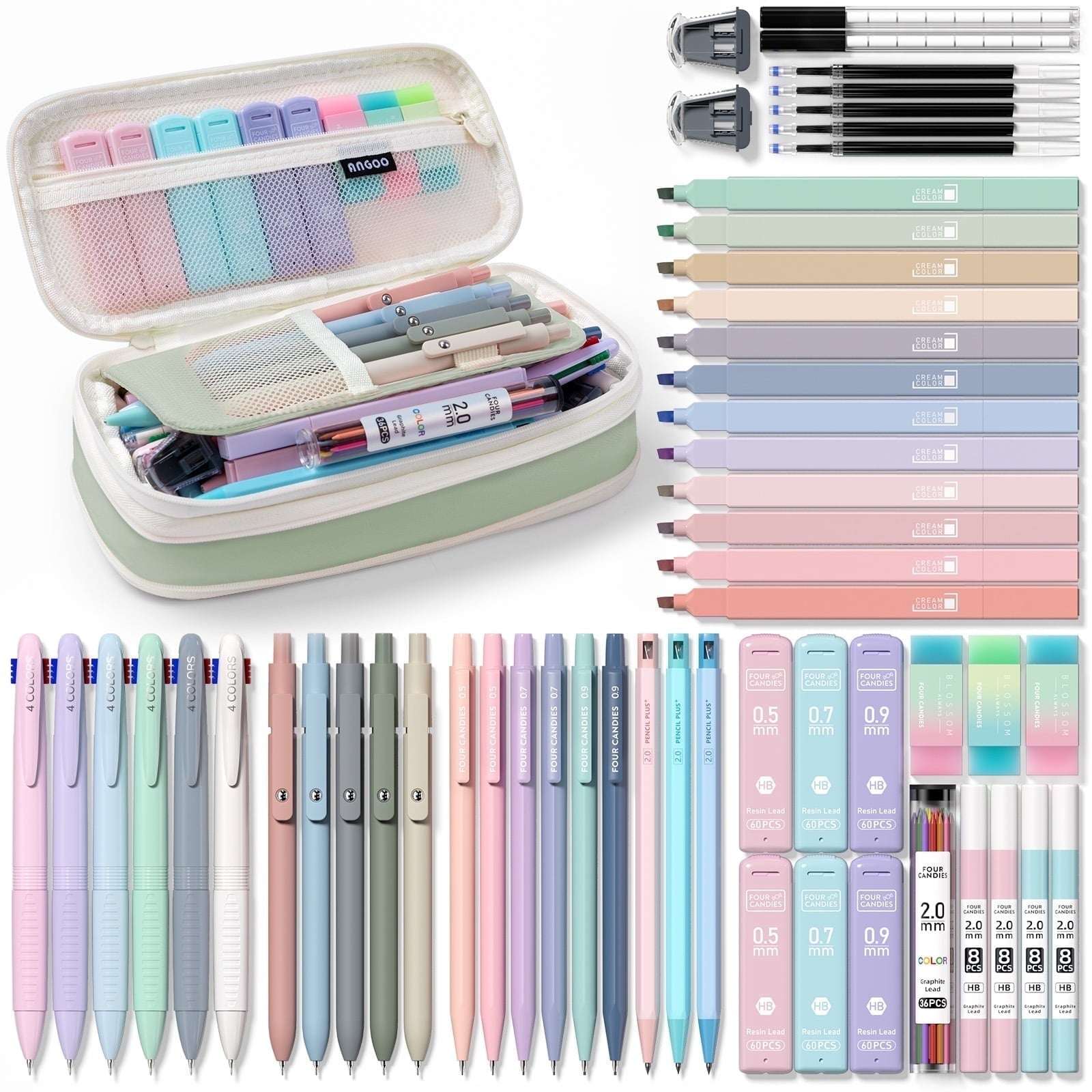 Four Candies 56 PCS Aesthetic Supplies with Pencil Case, 6 Multicolor Pen, 12 Pastel Highlighters, 5 Gel Pens Black Ink, 9 Mechanical Pencils for Stationary Set Preppy Stuff