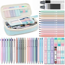 Stationery set pencil case with multicolor pens and mechanical pencils laid out