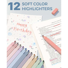 Twelve pastel highlighters for marking a lined paper and worksheet