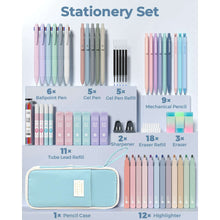 Stationery set with pastel ballpoint pens, gel pens, mechanical pencil, erasers, and refills