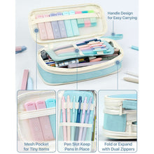 Blue and purple pencil case with pastel pens, pencils, and highlighters inside compartments