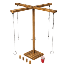 Wood hook-and-ring toss game stand with four hanging ropes and square base