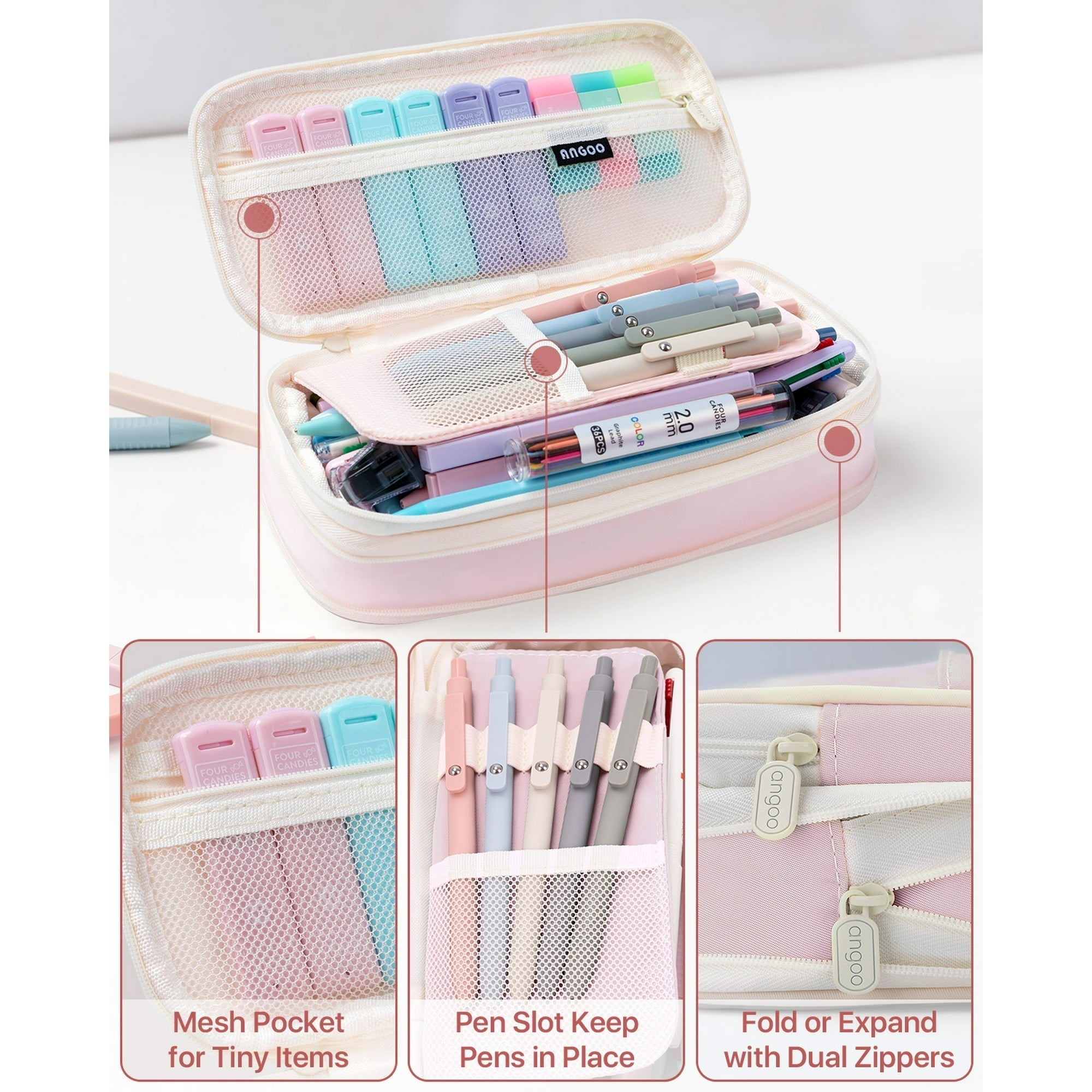 Four Candies 56 PCS Aesthetic Supplies with Pencil Case, 6 Multicolor Pen, 12 Pastel Highlighters, 5 Gel Pens Black Ink, 9 Mechanical Pencils for Stationary Set Preppy Stuff