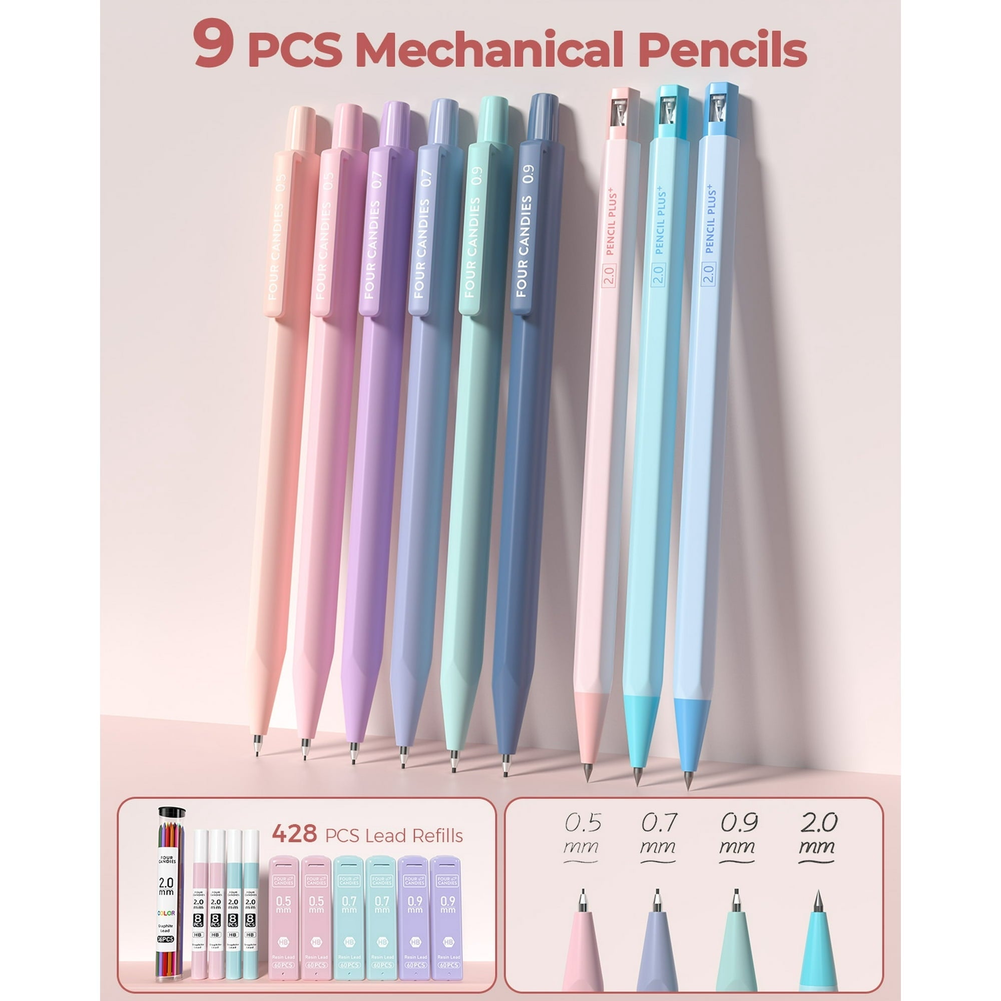 Four Candies 56 PCS Aesthetic Supplies with Pencil Case, 6 Multicolor Pen, 12 Pastel Highlighters, 5 Gel Pens Black Ink, 9 Mechanical Pencils for Stationary Set Preppy Stuff
