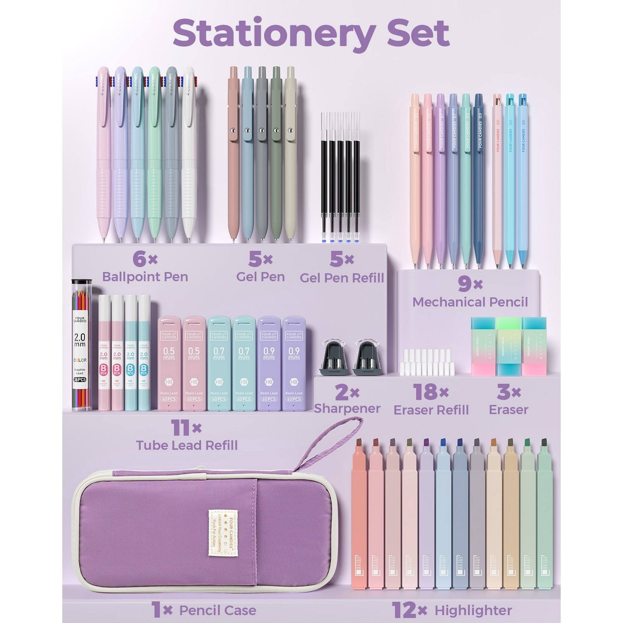 Four Candies 56 PCS Aesthetic Supplies with Pencil Case, 6 Multicolor Pen, 12 Pastel Highlighters, 5 Gel Pens Black Ink, 9 Mechanical Pencils for Stationary Set Preppy Stuff