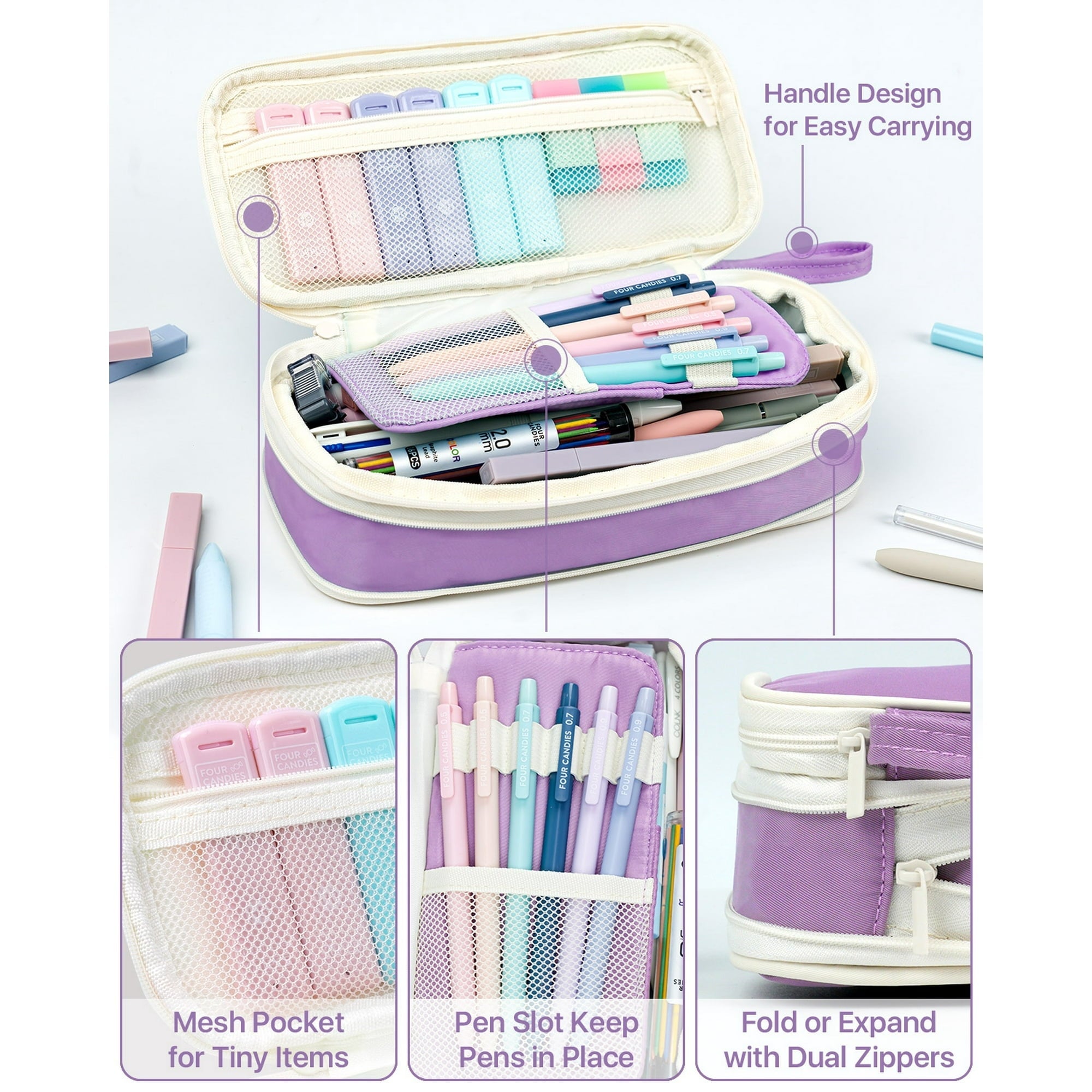 Four Candies 56 PCS Aesthetic Supplies with Pencil Case, 6 Multicolor Pen, 12 Pastel Highlighters, 5 Gel Pens Black Ink, 9 Mechanical Pencils for Stationary Set Preppy Stuff
