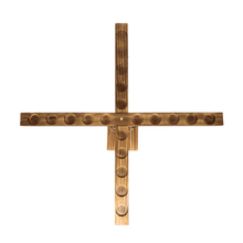 Wood hook-and-ring toss cross frame with three hanging rings and hooks