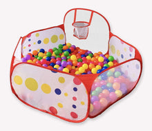 Portable ball pit tent with red edging, polka-dot panels, and basketball hoop