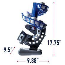 Baseball pitching machine with blue cage and gray base, with height and width markers