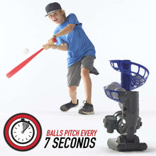 Baseball pitching machine with blue ball basket and gray base, beside a child