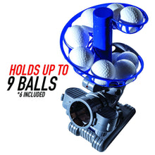 Baseball pitching machine with blue cage and six white baseballs in hopper