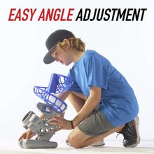 Baseball pitching machine with blue cage, gray launcher base, and adjustable tilt
