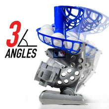 Baseball pitching machine with blue cage and gray launcher, shown at an angle