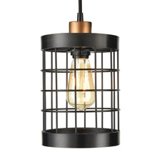 Black wire cage pendant-style light with exposed bulb and round metal top