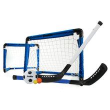 3-in-1 indoor sports set with blue goal net, hockey sticks, and balls