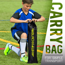 Black pop-up soccer goal storage bag with yellow graphic text