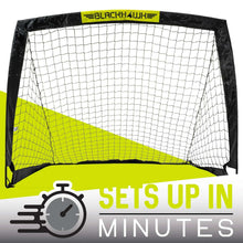 Mini soccer goal with black frame, white net, and lime side panel
