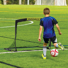 Mini soccer goal with black frame and white net, set up with stakes