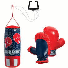 Mini boxing set with patterned punching bag, red and navy gloves, and rope