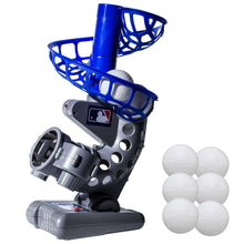 Baseball pitching machine with blue cage, gray body, and four white baseballs