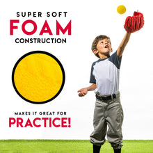 Yellow foam baseball with a raised seam pattern in a close view