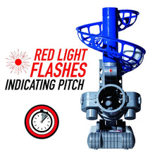 Baseball pitching machine with blue cage and gray body, red light indicator