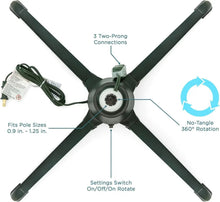 360-degree rotating tree stand base with power cord, settings switch, and three-prong plug