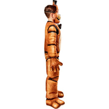 Kids Freddy costume from side, brown jumpsuit with padded arms and boot covers