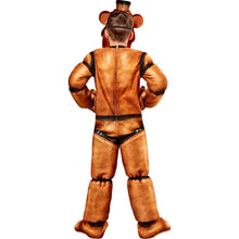 Kids Freddy costume back view with brown jumpsuit and black neck bow detail