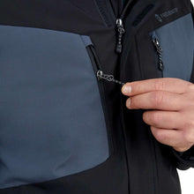 Men's black snow jacket chest pocket with zip closure and blue panel