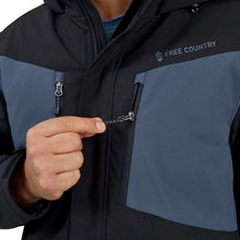 Men's black snow jacket front placket with zip pulls and blue side panel