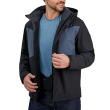 Men's black snow jacket worn open, blue interior panel and front zipper