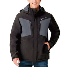 Men's black snow jacket with blue panels, three-quarter front view and hood