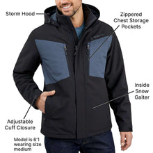 Men's black snow jacket with hood, front zip pockets, adjustable cuffs, and gaiter
