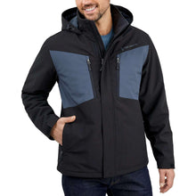Men's black snow jacket with blue color-block panels, front zipper and hood