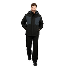 Men's black snow jacket with blue panels, full-length front view with hood