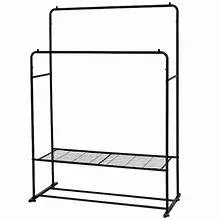 Black freestanding garment rack with two hanging rods and bottom shelf, no clothes