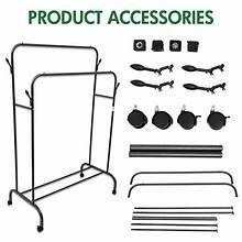 Freestanding garment rack parts and accessories, including wheels, brackets, and rods