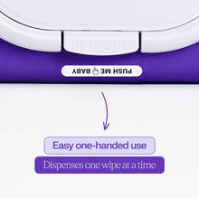 White baby wipes dispenser with push-top lid and one-handed dispensing arrow graphic