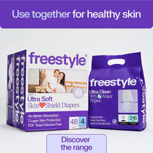 Freestyle Ultra Soft wipes and diaper range boxes with 99% water wipes pack shown