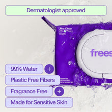 Freestyle Ultra Clean 99% water wipes package with fragrance-free and sensitive skin callouts